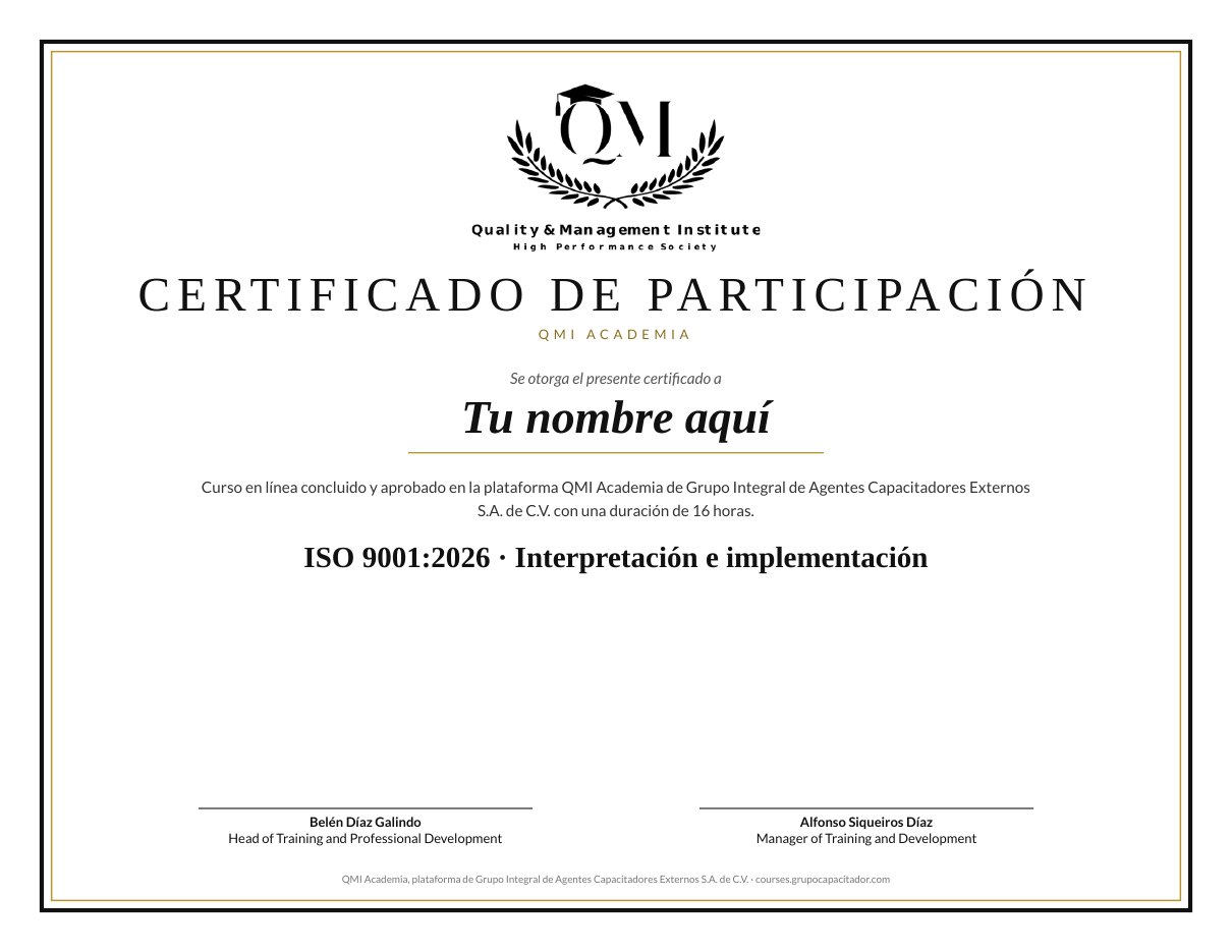 Ejemplo del certificado de participación de QMI Academia